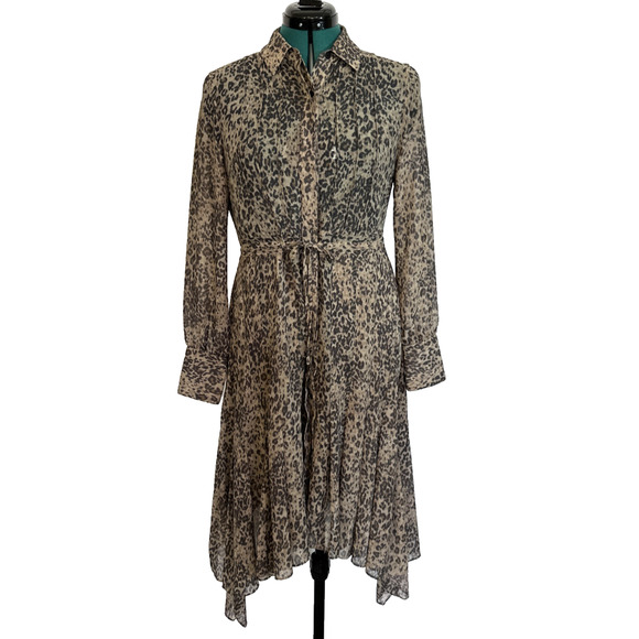 AllSaints Lizzy Patch Shirt Dress Leopard Print Asymmetric Long Sleeve Medium - Picture 1 of 9